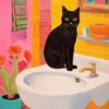 Black cat in a red bathroom animal mammal basin. Póster para el baño gato negro