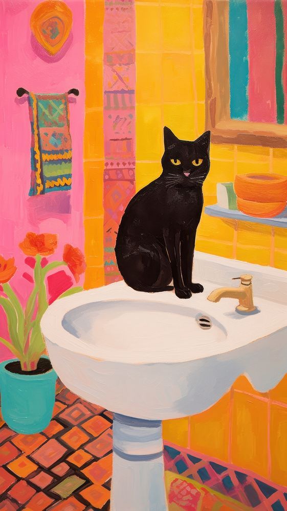 Black cat in a red bathroom animal mammal basin. Póster para el baño gato negro